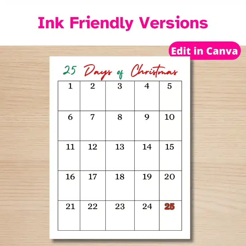 Ink friendly versions. A photo advent calendar in mostly black and white, with a few pops of red a green