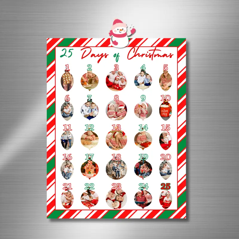 a photo advent calendar with ornament shaped photos and festive Christmas colors hanging on a fridge.