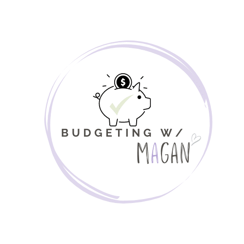 a piggy bank with a checkmark  and the words budgeting with Magan and a purple circle around them