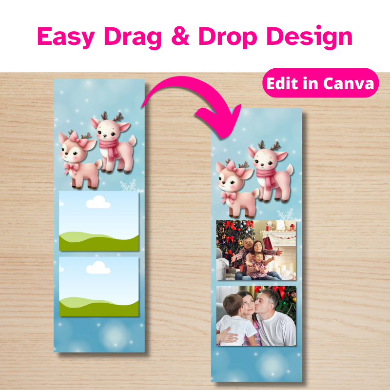 a Christmas bookmark template with 2 young reindeer flying in a snowy sky pointing to a completed Bookmark design with 2 holiday family photos