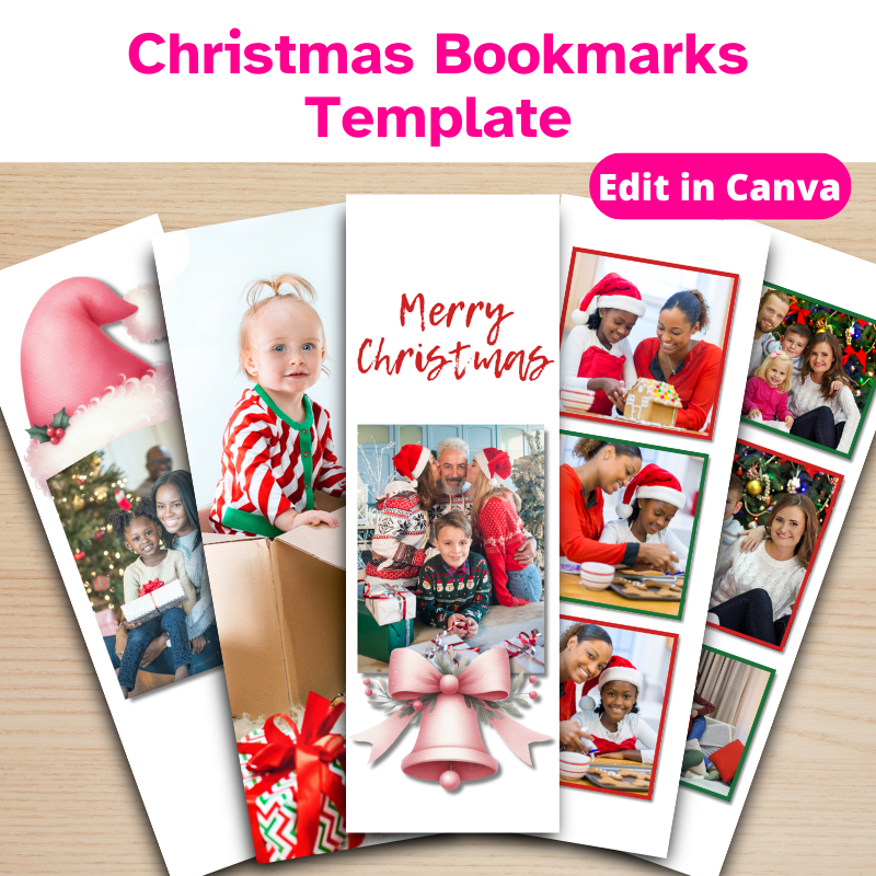 5 Christmas bookmarks featuring family photos and festive decorations