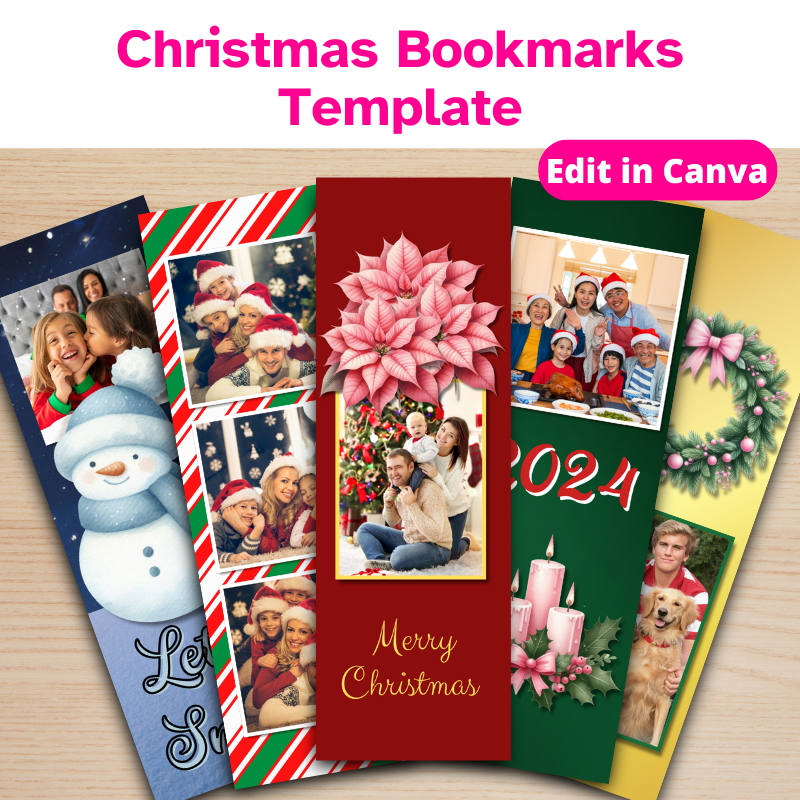 5 Christmas bookmarks featuring family photos and festive decorations