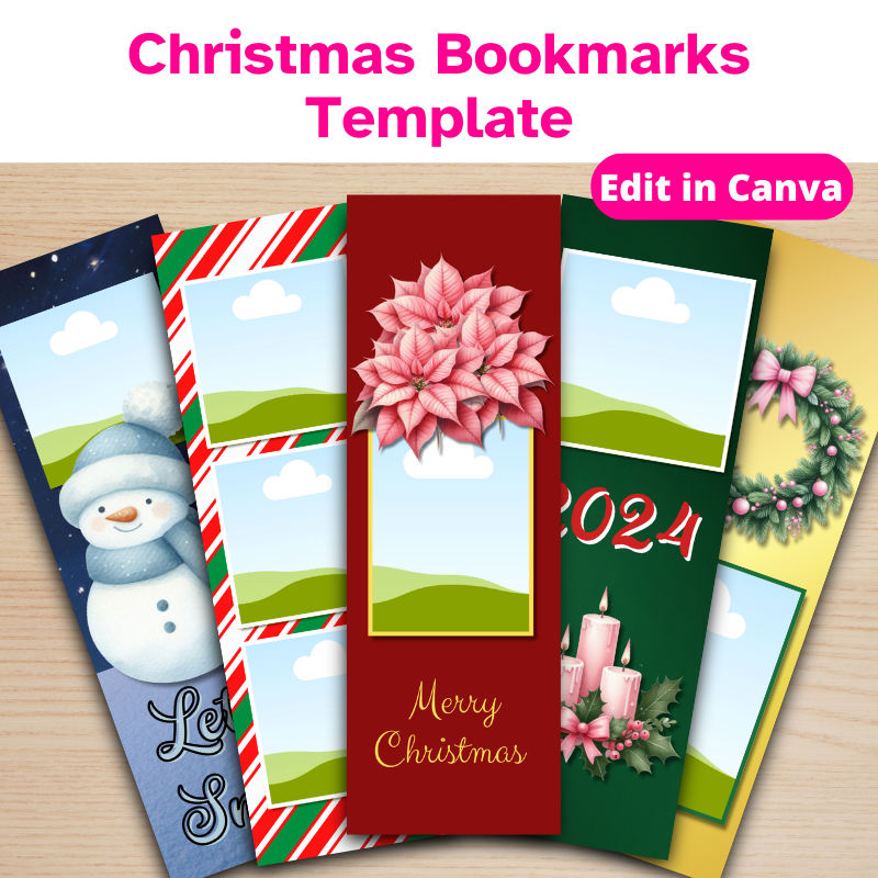 5 Christmas bookmark Templates featuring family photos and festive decorations
