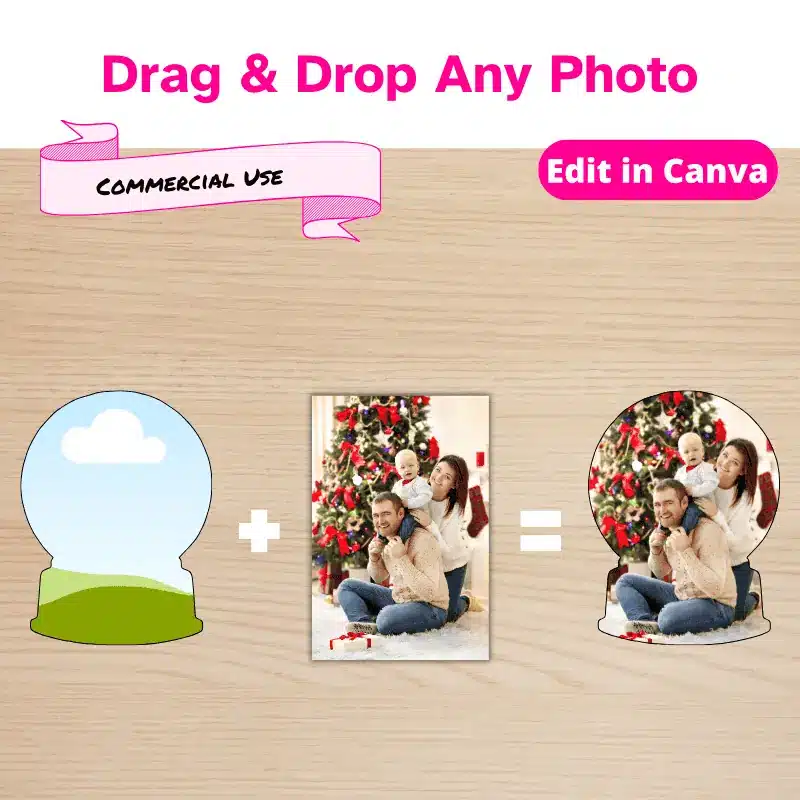 Drag and drop any photo. A snow globe Canva Frame plus a family Christmas photo equals a photo in the shape of a snow globe.