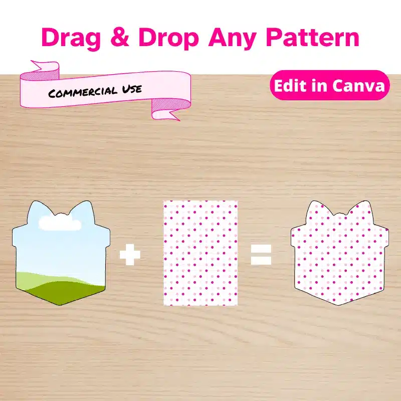 Drag and drop any pattern. A Christmas present Canva Frame plus a pink polka dot pattern equals a Christmas Present with a pink polka dot pattern.
