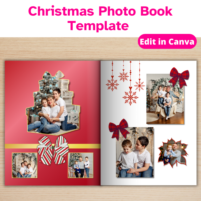 A 24 page Christmas Photo Book open on desk. There are 6 photos and Christmas bows and the 2 page spread.