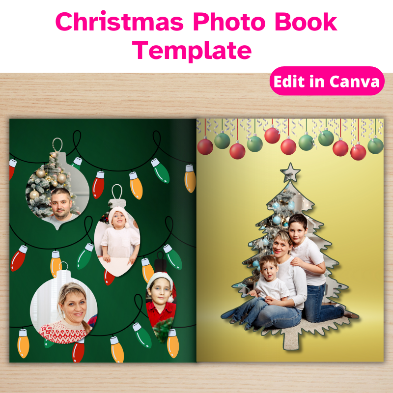A 24 page Christmas Photo Book open on a desk. There are photos in the shape of ornaments and a tree on the 2 page spread.