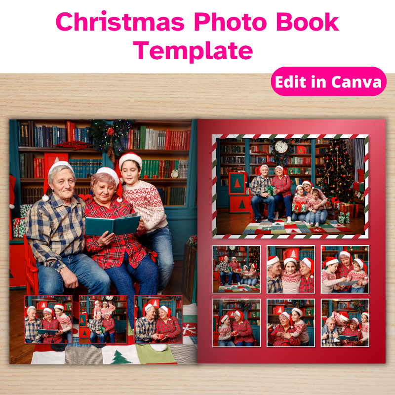 A 24 page Christmas Photo Book open on a desk. One page has 3 photos layered on a full page photo and the other has 7 photos displayed on a red background