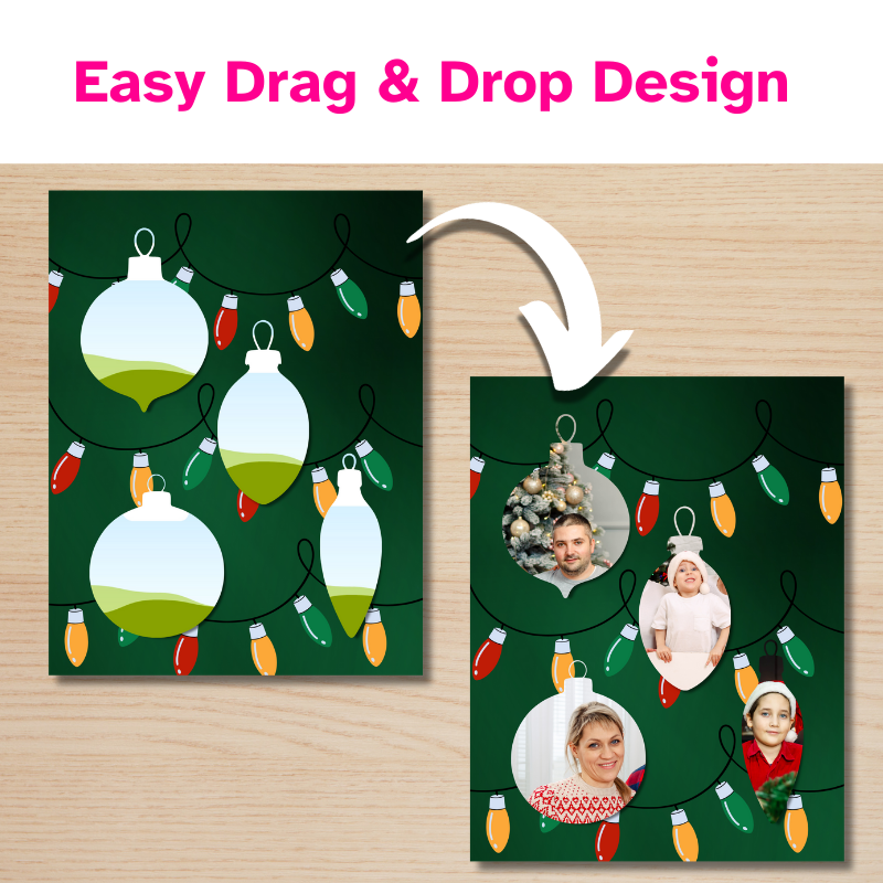 a photo book page template with frames in the shapes of ornaments with an arrow pointing to a completed design of the same page.