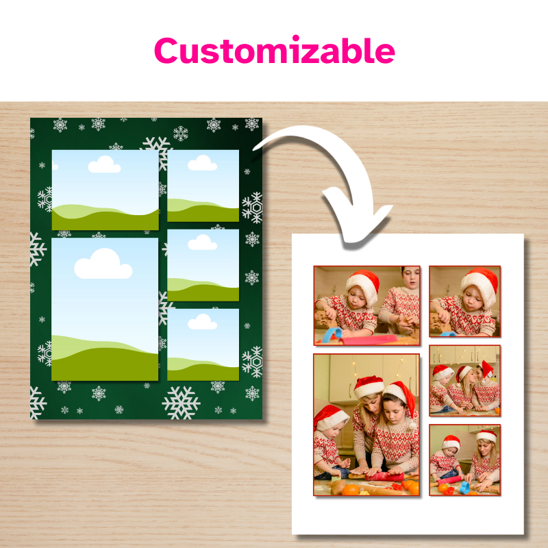 a photo book page template with 5 frames on top of a green winter pattern with an arrow to a customized version of the page with the pattern removed and photos displayed.