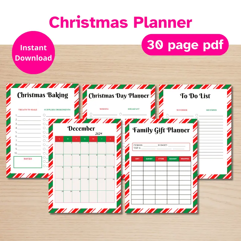 5 printed pages from a Christmas planner overlapping on a desk. 30 page pdf