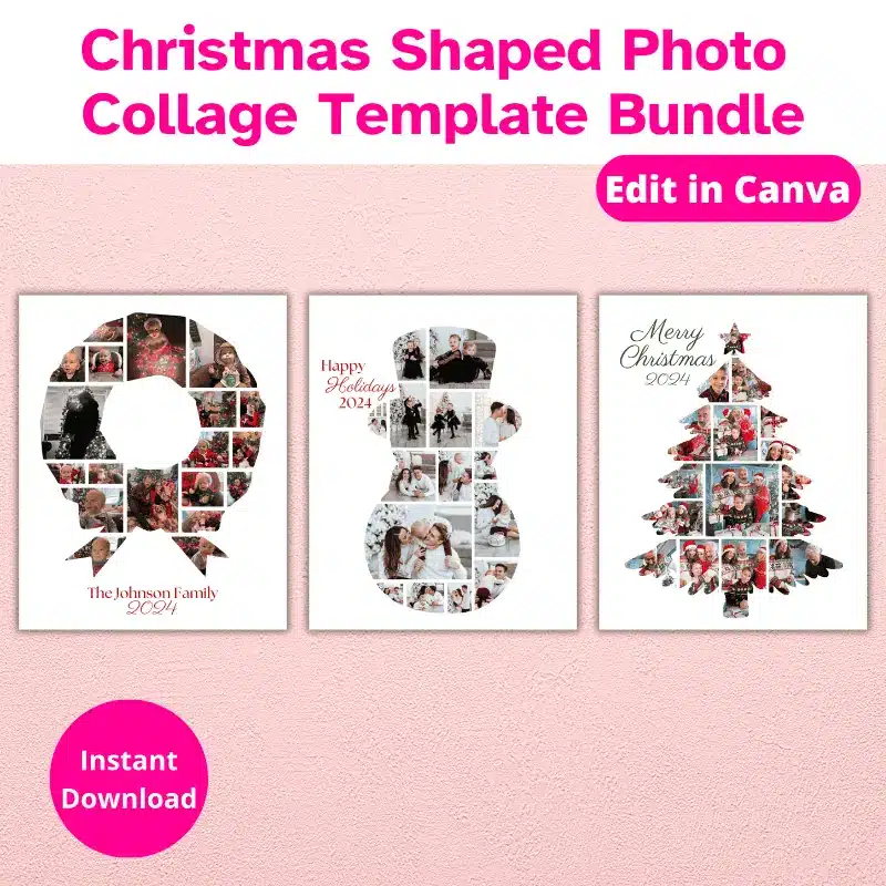3 Christmas photo collages hanging on a wall. One is in the shape of a wreath, one in the shape of a snowman, and one in the shape of a Christmas Tree.