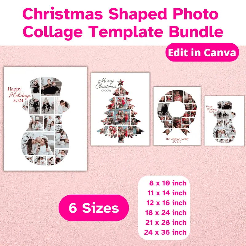 Four different sized holiday photo collages hanging on a wall. Available in 6 sizes and 3 shapes.