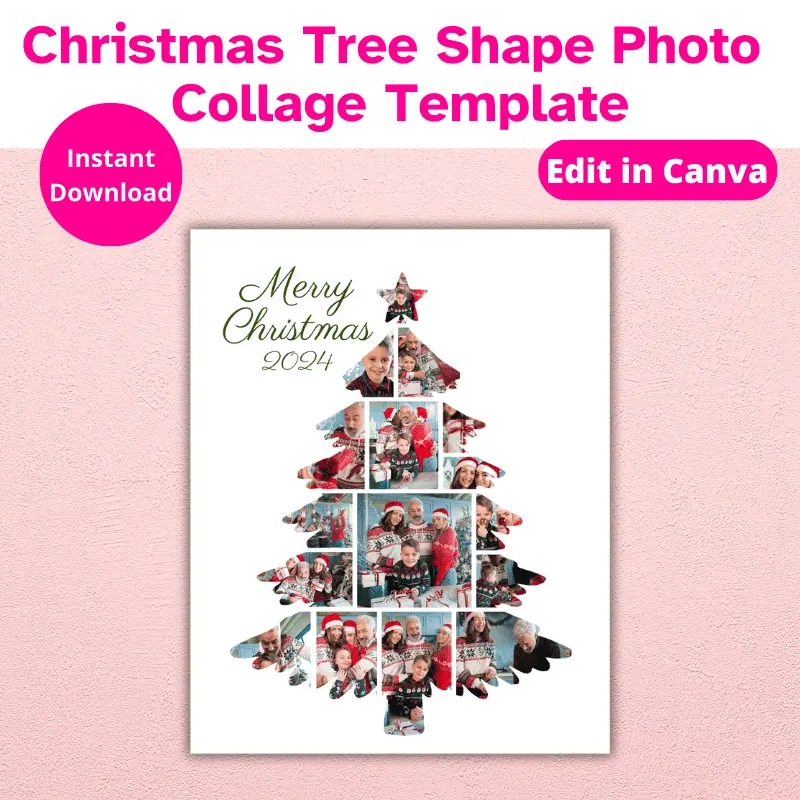 A Christmas photo collage in the shape of a Christmas Tree, filled with photos of a family celebrating Christmas. Edit in Canva.
