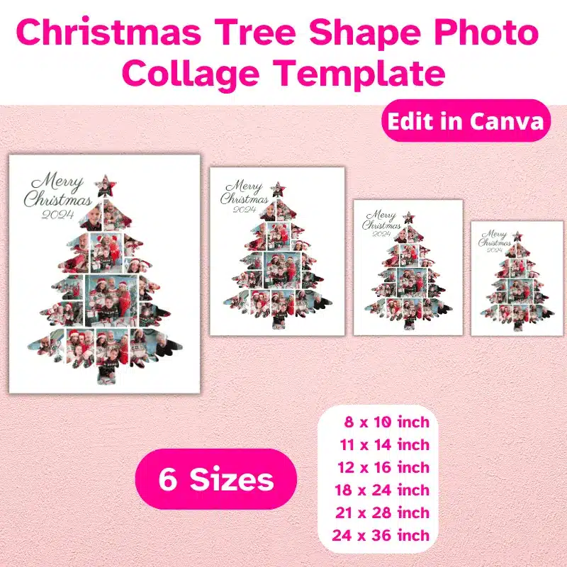 A Christmas photo collage in the shape of a Christmas Tree, filled with photos of a family celebrating Christmas displayed in 4 sizes. Available in 6 sizes. Edit in Canva