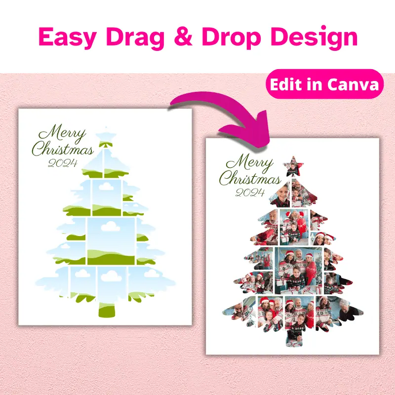 A Christmas photo collage Template in the shape of a Christmas Tree pointing to a customized photo collage filled with photos of a family celebrating Christmas. Edit in Canva