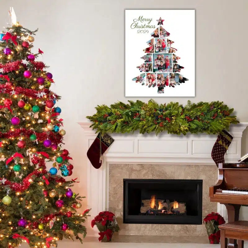 A Christmas photo collage in the shape of a Christmas Tree, filled with photos of a family celebrating Christmas hanging above a fireplace decorated for Christmas. There is a large tree to the left.