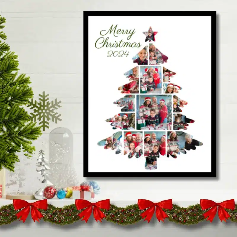 A Christmas photo collage in the shape of a Christmas Tree, filled with photos of a family celebrating Christmas hanging above a mantle, surrounded by Christmas decorations.