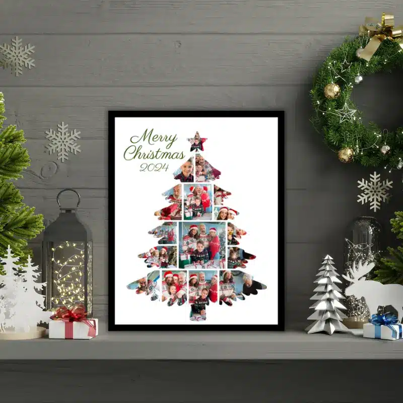 A Christmas photo collage in the shape of a Christmas Tree, filled with photos of a family celebrating Christmas sitting on a shelf, surrounded by Christmas decorations.