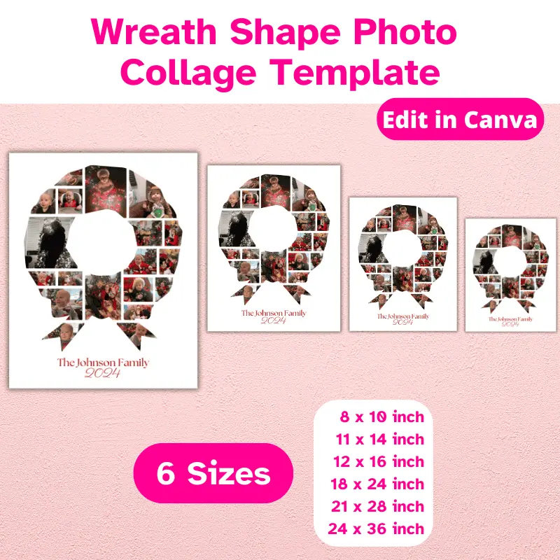 A Christmas photo collage in the shape of a wreath, filled with photos of a baby's first Christmas displayed in 4 sizes. Available in 6 sizes.