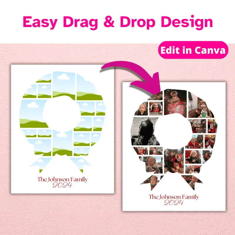 A Christmas photo collage template in the shape of a wreath pointing to a customized photo collage filled with photos of a baby's first Christmas. Edit in Canva. Easy drag and drop design.
