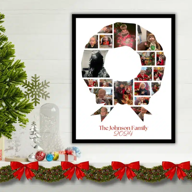 A Christmas photo collage in the shape of a wreath, filled with photos of a baby's first Christmas hanging on the wall above a mantle surrounded by Christmas decorations.