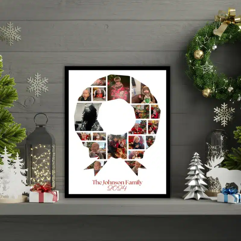 A Christmas photo collage in the shape of a wreath, filled with photos of a baby's first Christmas sitting on a shelf, surrounded by Christmas decorations.