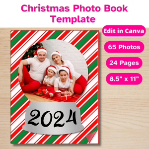 A 24 page Christmas Photo Book with a photo styled like a snow globe, the year 2024, and a festive candy cane inspired pattern. Edit in Canva.