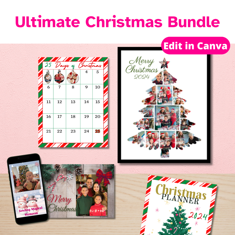 An Advent Calendar on the wall next to a Photo Collage in the shape of a Christmas tree with family holiday photos. A phone with an animated Christmas card on top of a photo Christmas card that says Merry Christmas, and a Christmas planner with a candy cane stripe border.