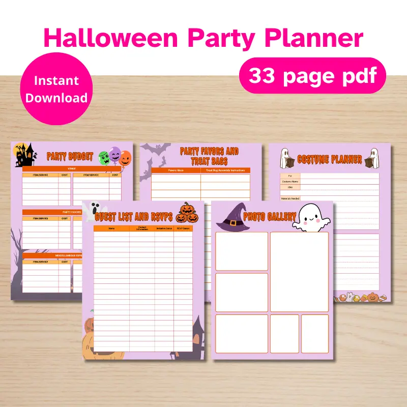 5 printed pages from a Halloween party planner overlapping on a desk. 33 page pdf