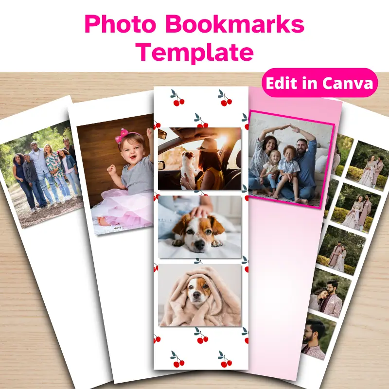 5 Customizable Photo Bookmarks filled with various family photos, pet photos, and engagement photos. Edit in Canva