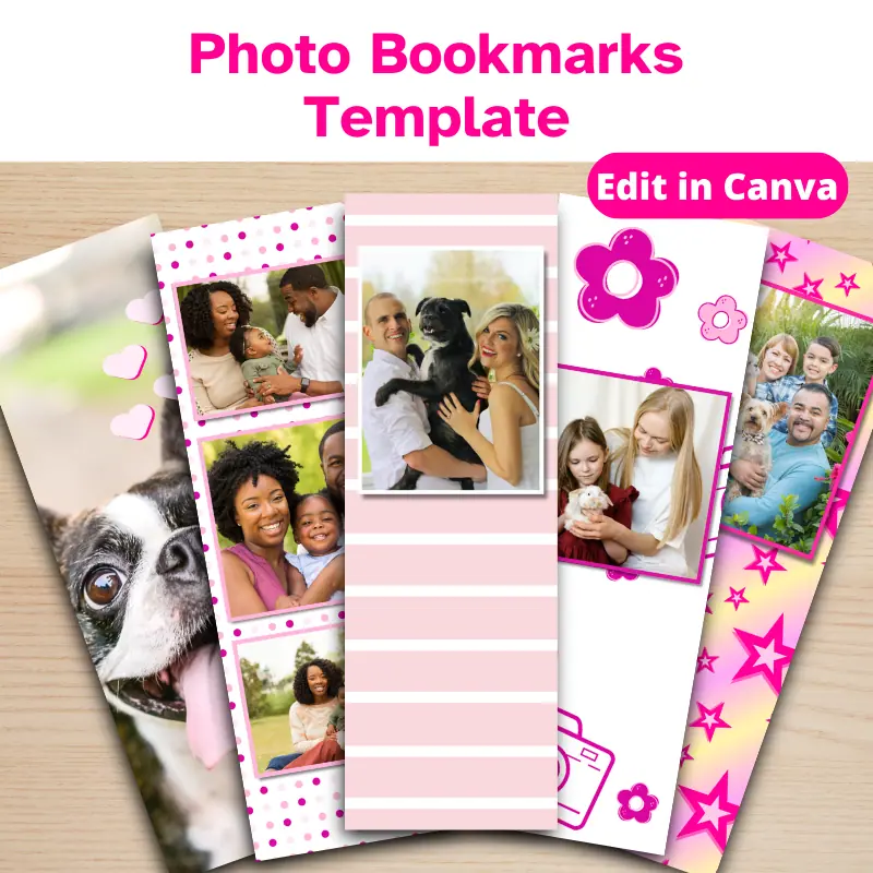 5 Customizable Photo Bookmarks with pink accents filled with various family photos, pet photos and personal photos. Edit in Canva