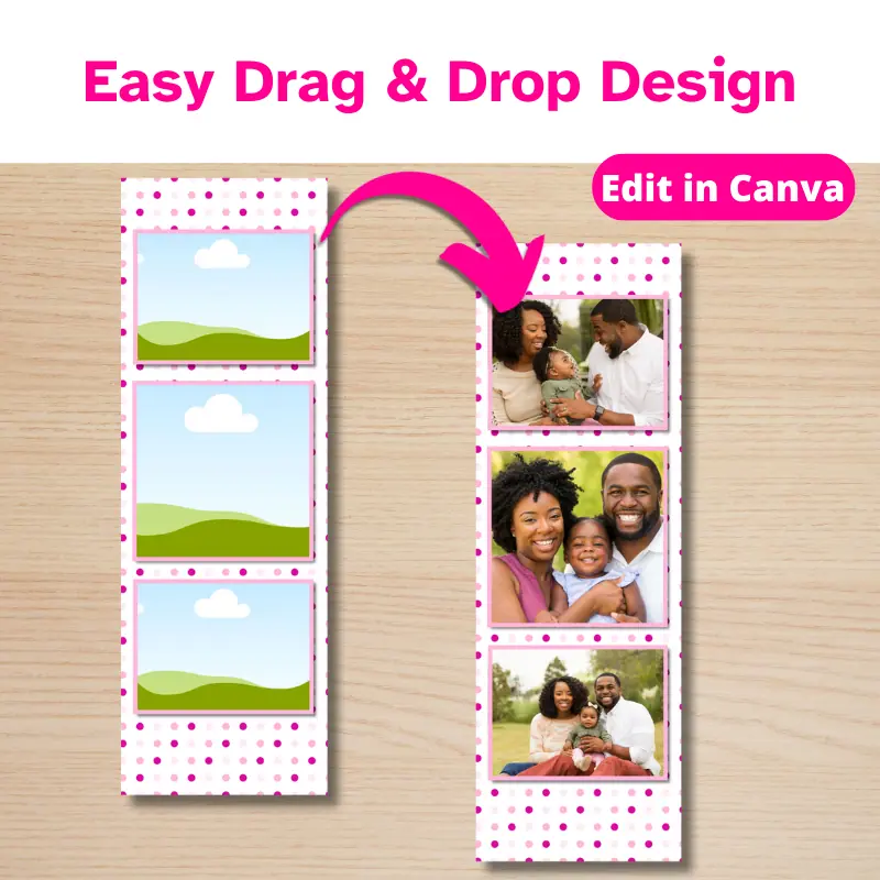a pink polka dot photo bookmark template with an arrow pointing to a completed bookmark with 3 family photos
