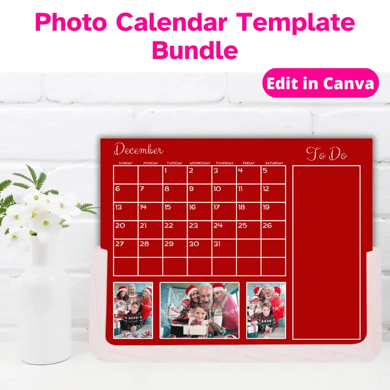 The calendar is a single us letter landscape page. The background is a photo of a beach at sunset, the dates are in white. There is a to do box to the left of the dates and 3 photos of a family at the beach at the bottom. The month is December.