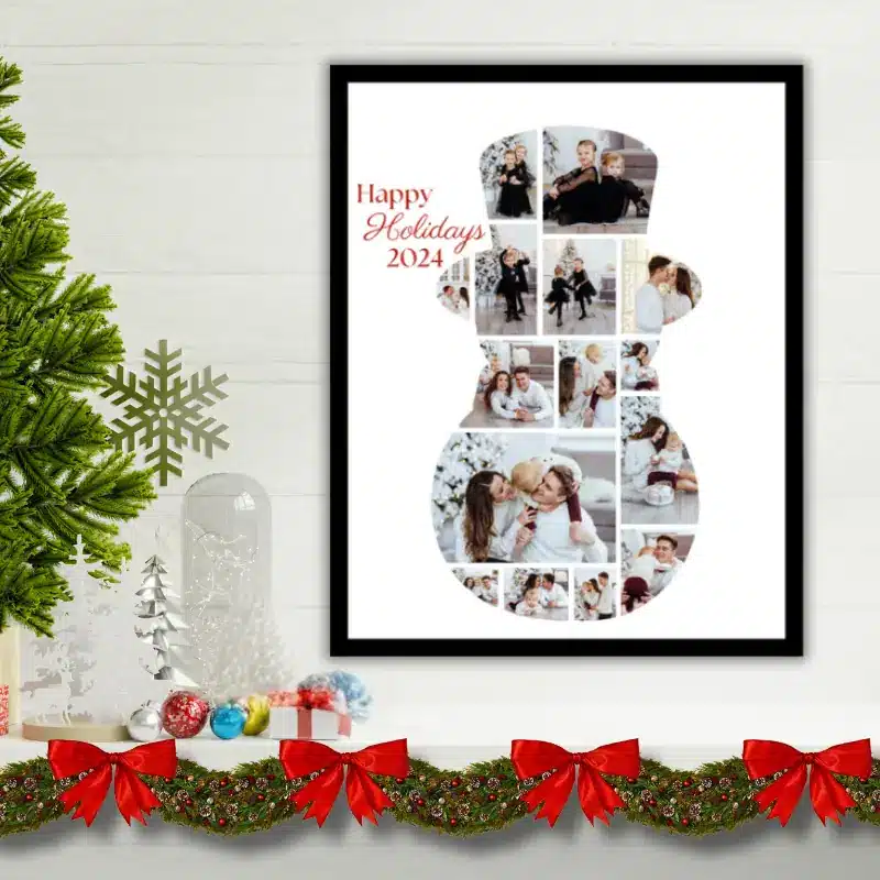 A winter photo collage in the shape of a snowman, filled with photos of a family celebrating Christmas hanging on the wall above a mantle decorated for Christmas