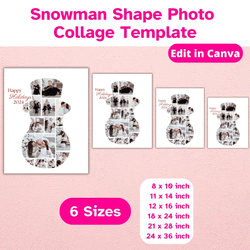A winter photo collage in the shape of a snowman, filled with photos of a family celebrating Christmas displayed in 4 sizes. Available in 6 sizes. Edit in Canva.