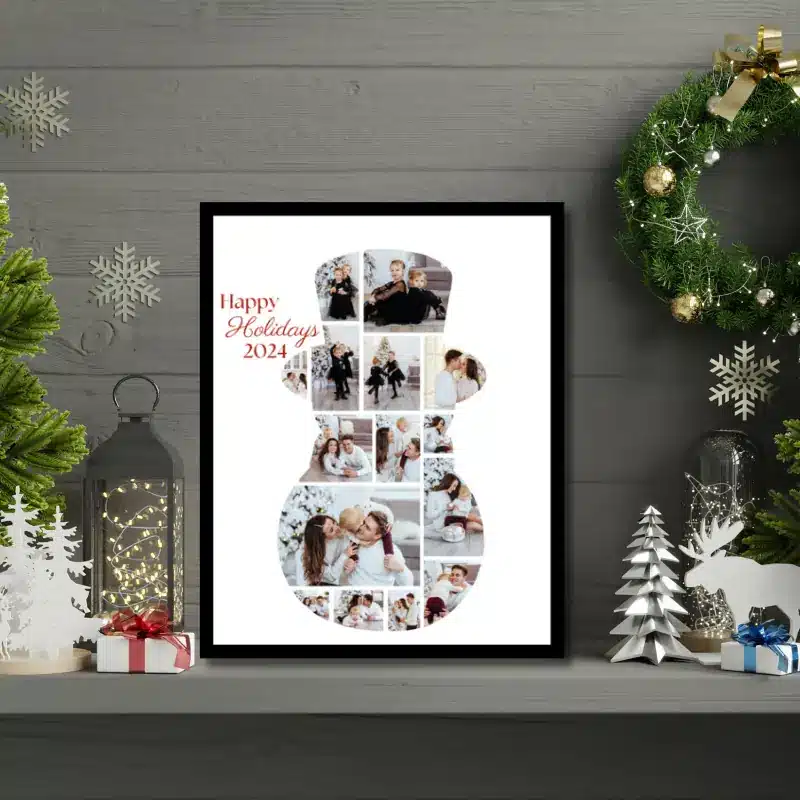 A winter photo collage in the shape of a snowman, filled with photos of a family celebrating Christmas sitting on a shelf decorated for Christmas