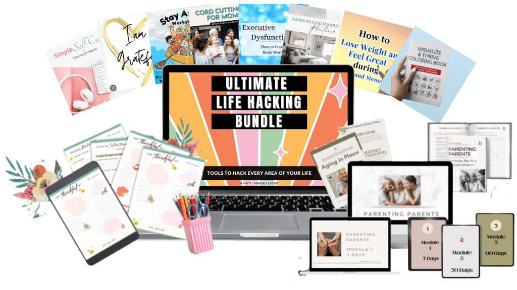 a laptop with Ultimate Life-Hacking Bundle on it and various mockups for free products you can sign up for through the bundle