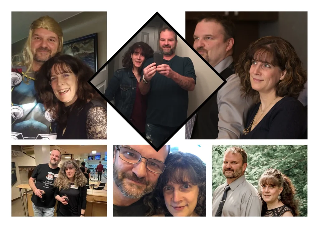 A photo collage with 6 photos of a happy married couple.