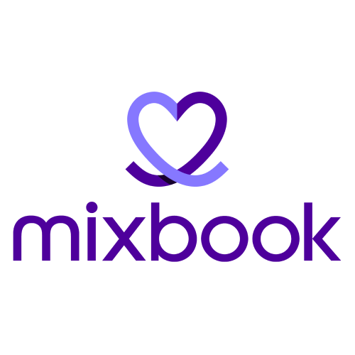 Mixbook in purple with a heart above the word in 2 shades of purple