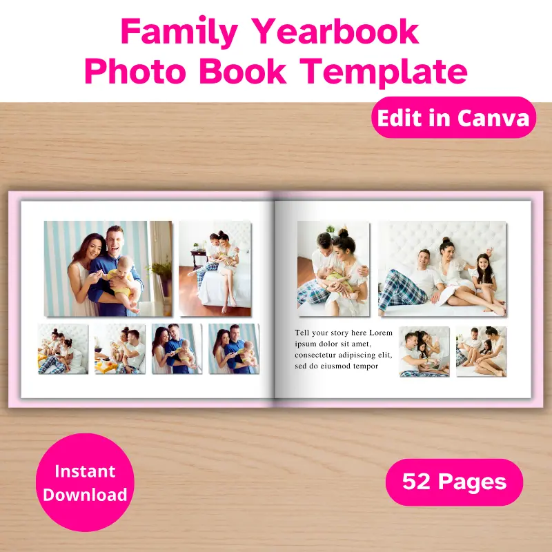 A family photo book open to a 2 page spread with 10 photos and a paragraph about the family's year.