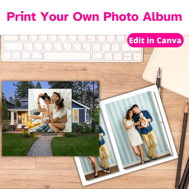Print your own photo album. Two family photo collage pages laying on a desk after being printed out.