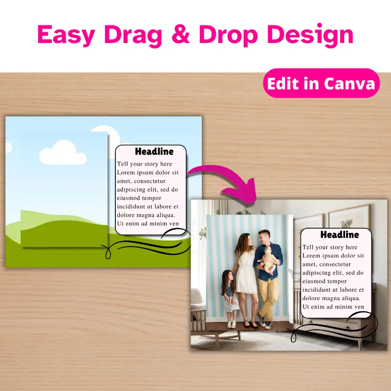 Easy drag and drop design. A family photo book page template with an arrow to a completed page design with 2 family photos and text.
