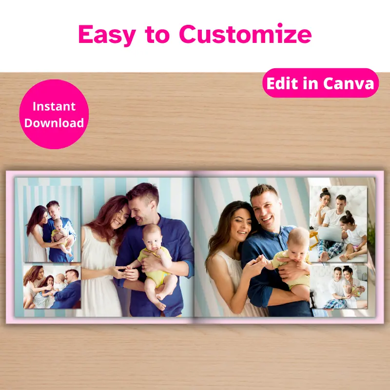 Easy to customize, a family photo book laying open with 3 family photos layered on each page