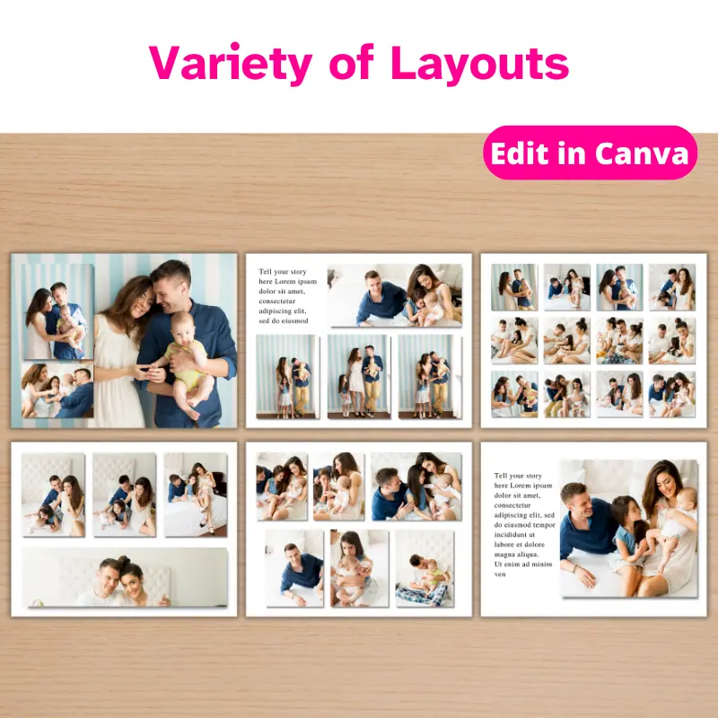 6 different page layouts for a family photo book