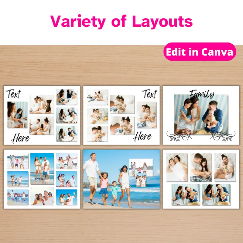 6 different page layouts for a family photo book