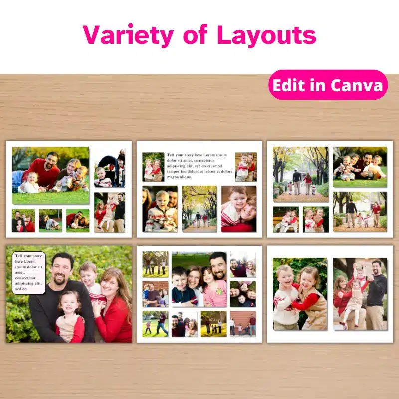 6 different page layouts for a family photo book