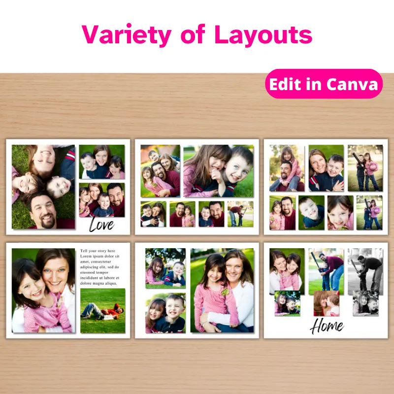 6 different page layouts for a family photo book