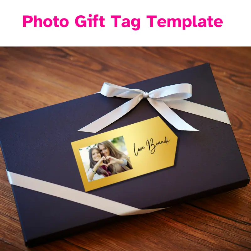 a blue gift with a white ribbon and a gold gift tag with a photo of 2 best friends. The gift tag says, Love Brandi