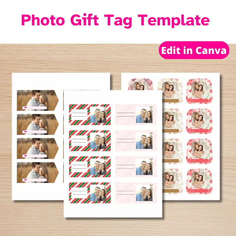 3 pages of unique printable photo gift tags. The gift tags vary in shape and some have patterns with photos on top and one is a full photo tag.